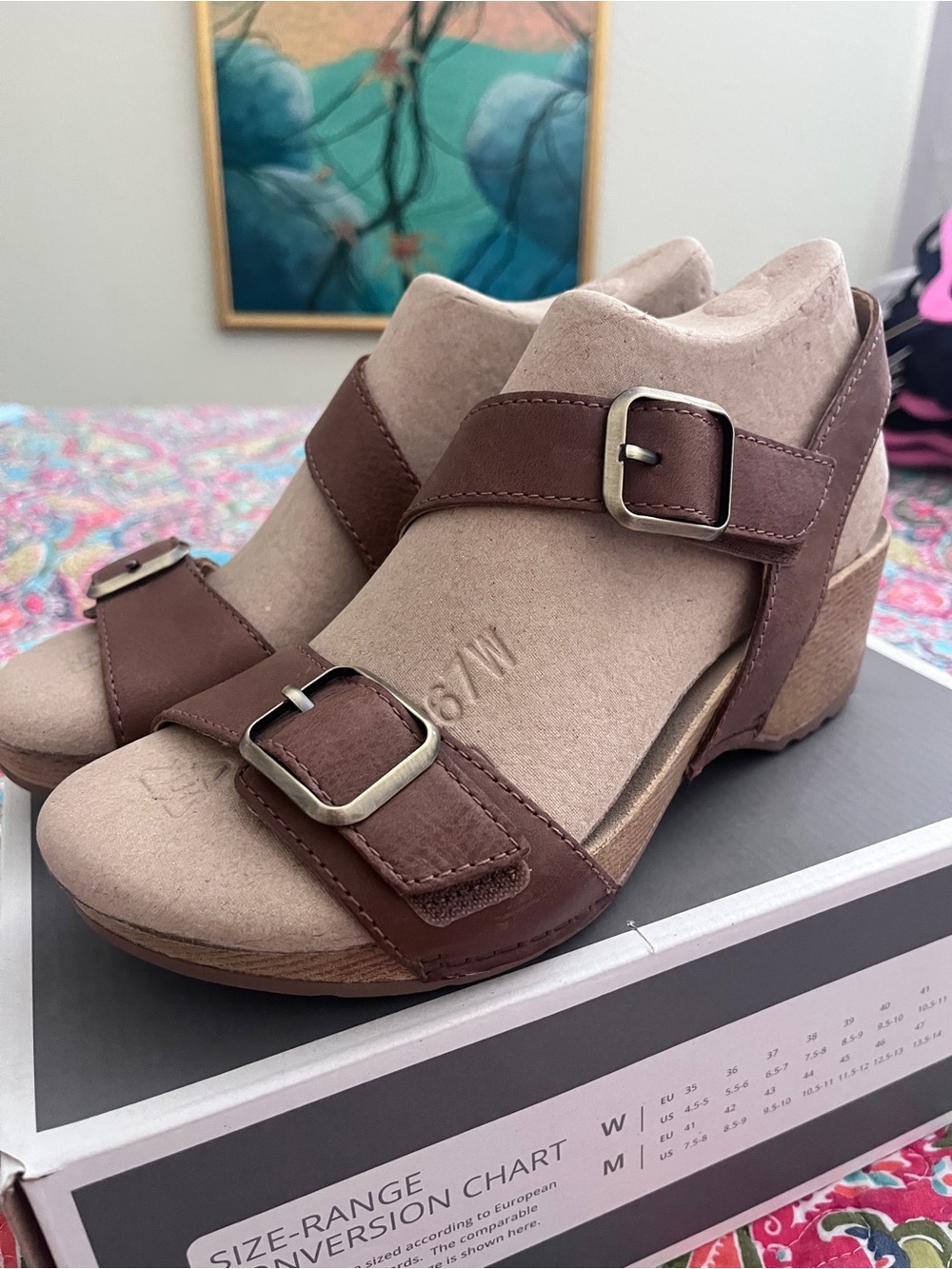 Dansko Brown Leather Buckle Wedge Sandals